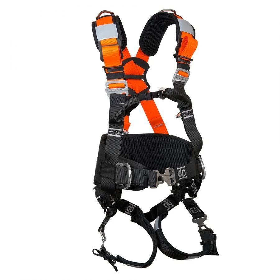 Safety harness with integrated belt for holding and positioning and anchoring elements for evacuation, model FLAG