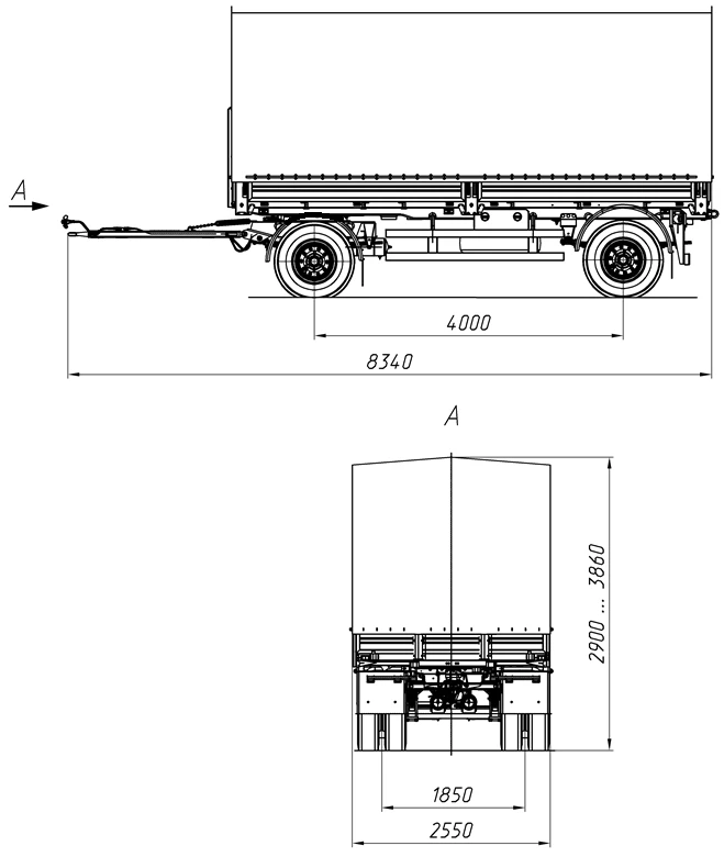 Biaxial cargo trailer 8465-03 with axles HJD13Y30S18-1840T16-060 with load capacity 12 tonnes