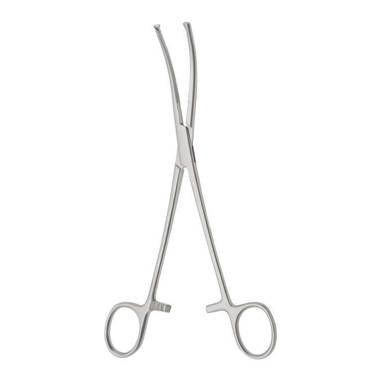 TZ-01-307-19,5 Clamp with cremalier for attaching surgical linen to peritoneum, curved, 195 mm