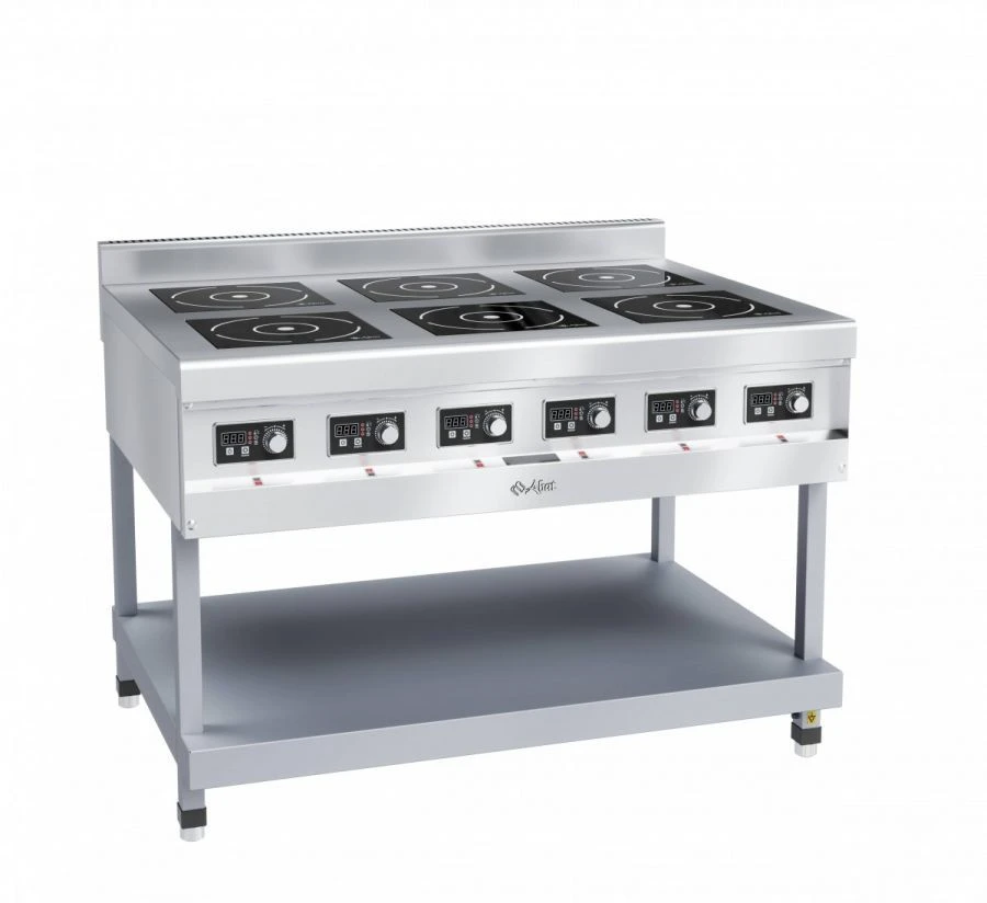Six-burner induction cooker, type KIP-69P-5,0-01 for catering enterprises (on a stand) made of stainless steel.