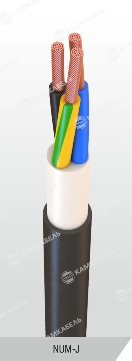 Power cable with copper conductors, insulated with polyvinylchloride plasticate, with inner filling made of rubber, with sheathi