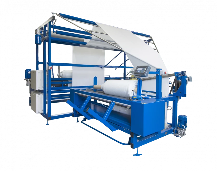 Model C02.2 nonwovens measuring and doubling machine for rolls up to 3200 mm wide.