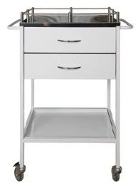 Mobile metal table with side restrictions on the table top for placement of instruments, medical instruments and dressings.