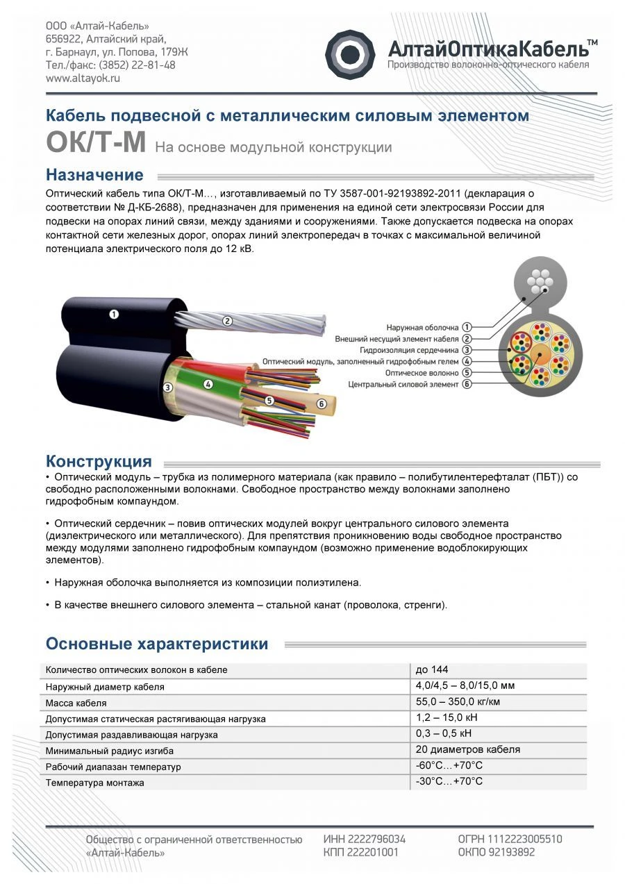 Optical communication cable of OK/T-M type