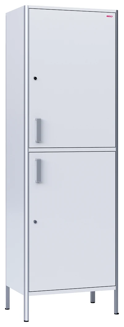 Medical cupboard, two-sectional, single-leaf, made of aluminium profile and laminated plastic board, with shelves and doors