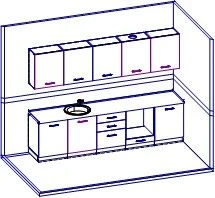 Set of kitchen furniture. The frame is made of 16mm LDFP, facades are made of coloured LDFP. The kitchen worktop is moisture-res
