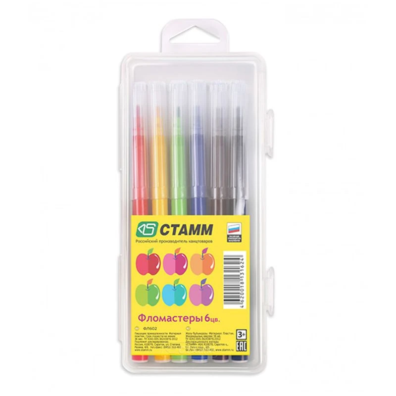 Markers "Apple", 06 colour. , flushable, plastic pencil case, europodweight