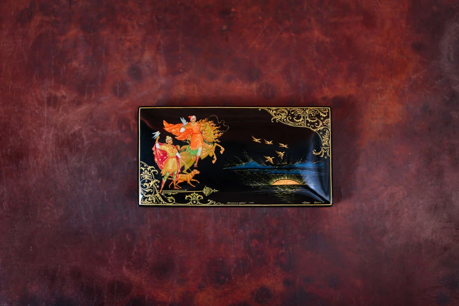 Pencil case with painted Palekh lacquer miniatures
