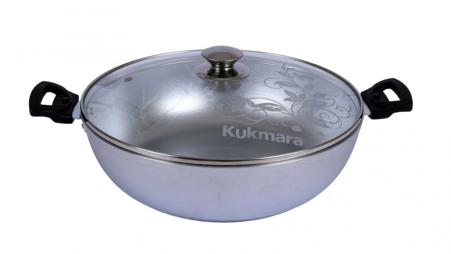 Kukmara TM 300/85mm (uncoated) cast aluminium saucepan with glass lid, Bakelite handles