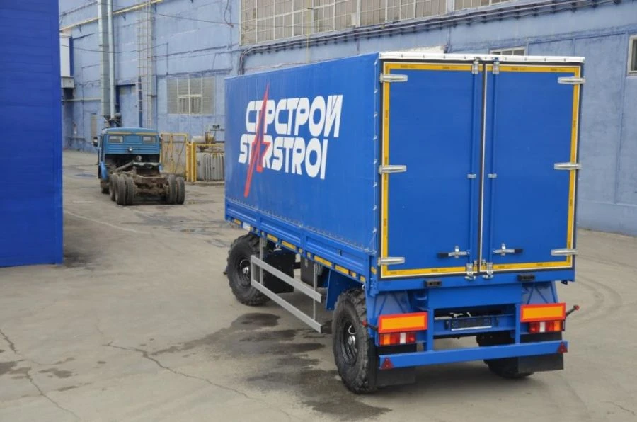 Trailer Politrans 84282-032. In version: platform with decking, with sides, with frame and awning, with pneumatic suspension.