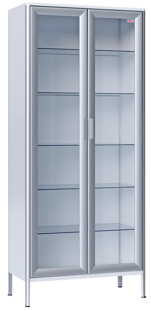 Double-leaf medical cabinet with glass shelves, glass doors with aluminium profile edging, aluminium body