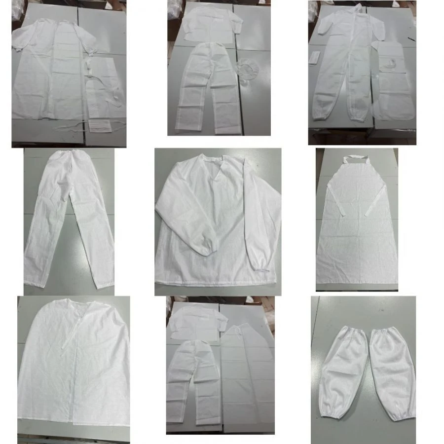 Set of reusable medical clothes and separate items: overalls, gown, shoe covers, jacket, trousers, cape, hat, apron, armband