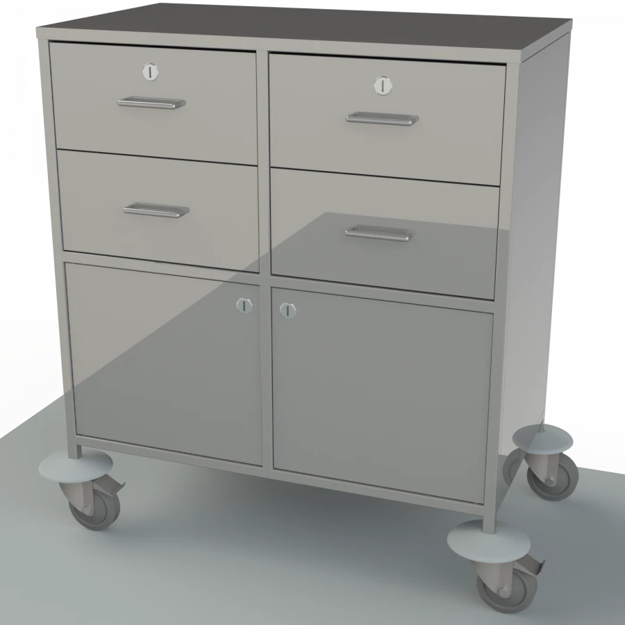 Anaesthesiologist's mobile table with table top, drawers and shelves made of stainless steel on the side, for storing supplies