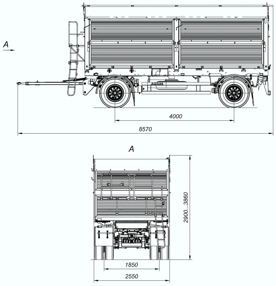Biaxial cargo trailer 8465 with axles HJD13Y30S18-1840T16-060 with load capacity of 12 tonnes.