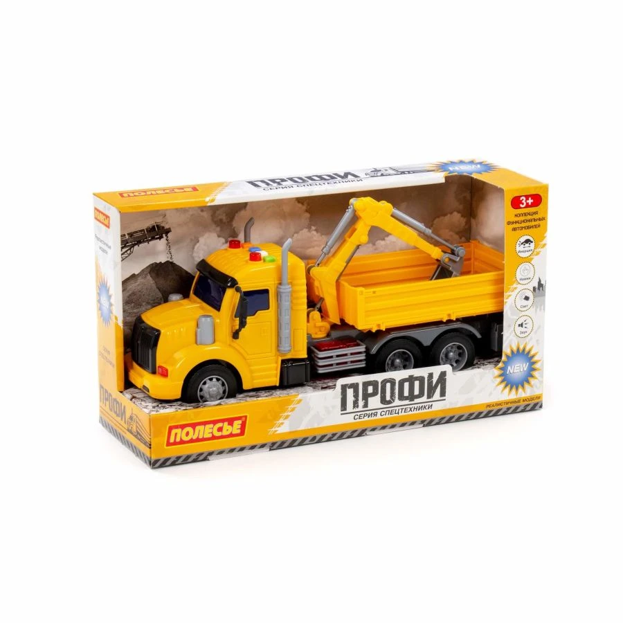 "Pro", inertial flatbed car with bucket (with light and sound) (yellow) (in box), Article No. 96111