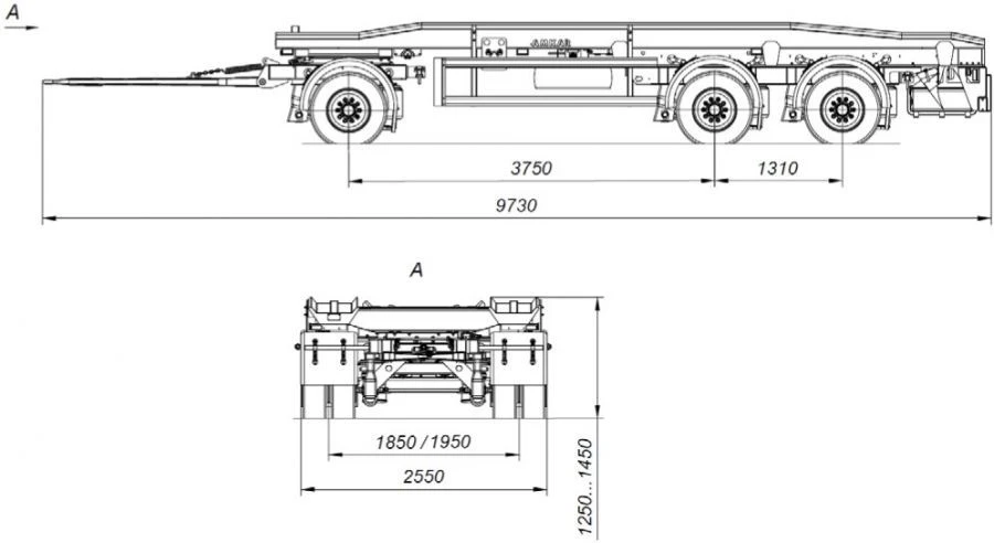 Three-axle container trailer AM8454-11A with CEYLAN NA-1210-175-DT-UN axles with load capacity 12 tonnes