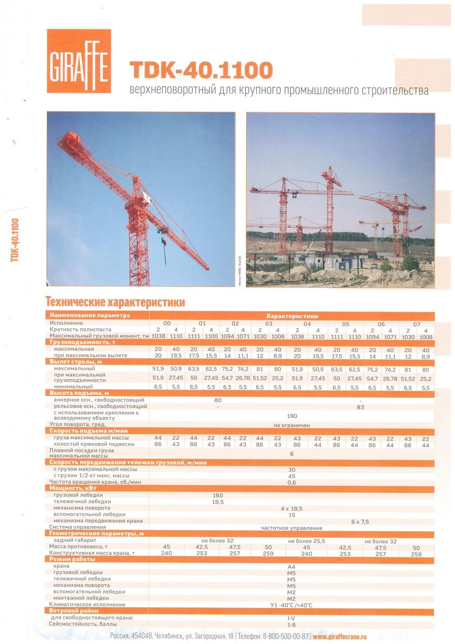Tower crane with lifting capacity of 40 tonnes TDK-40.1100