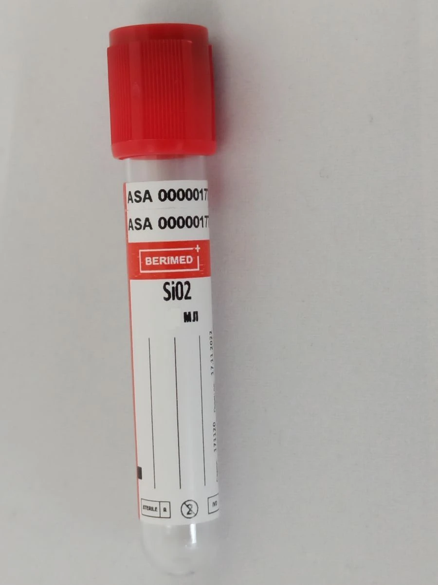Vacuum tube for taking venous blood "BERIMED", filler Silicon Dioxide (SiO2), size 13x75 mm, volume 1,0 ml.
