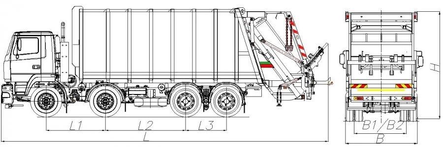 Rear-loading rubbish truck of model MK-3548-14