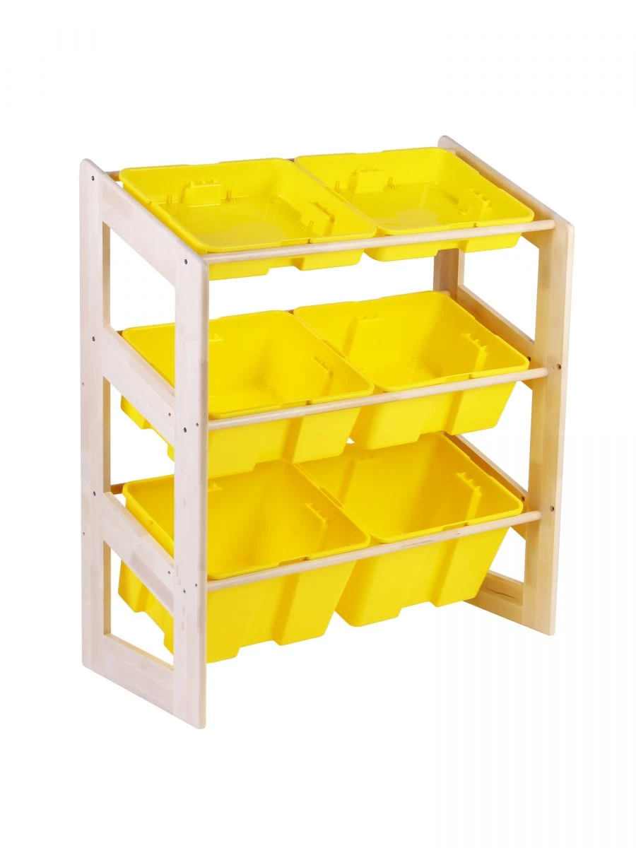 Slanting shelving unit 1080x6 containers / yellow / storage system Toy Library
