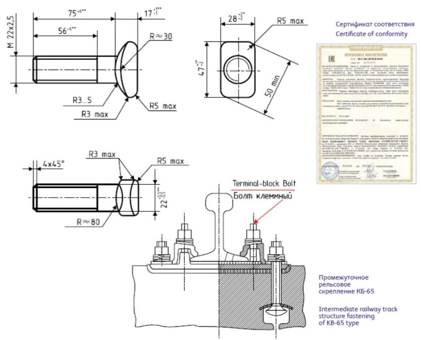 Terminal bolts for railway track fastenings GOST 16016-2014, OST 32.161-2000, sizes M22x75 and M22x67