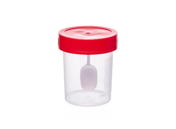 Polymer container with lid and spoon for biological material, 60 ml, sterile