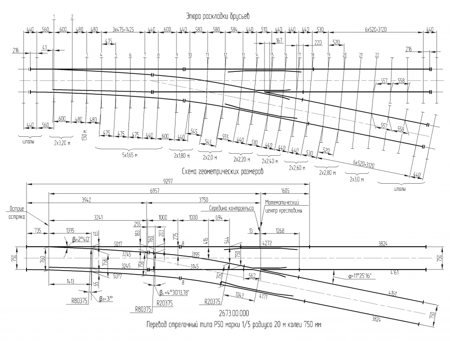 P50 type 1/5 grade 1/5 switch of 20 m radius of 750 mm gauge of the project 2673.00.000-01