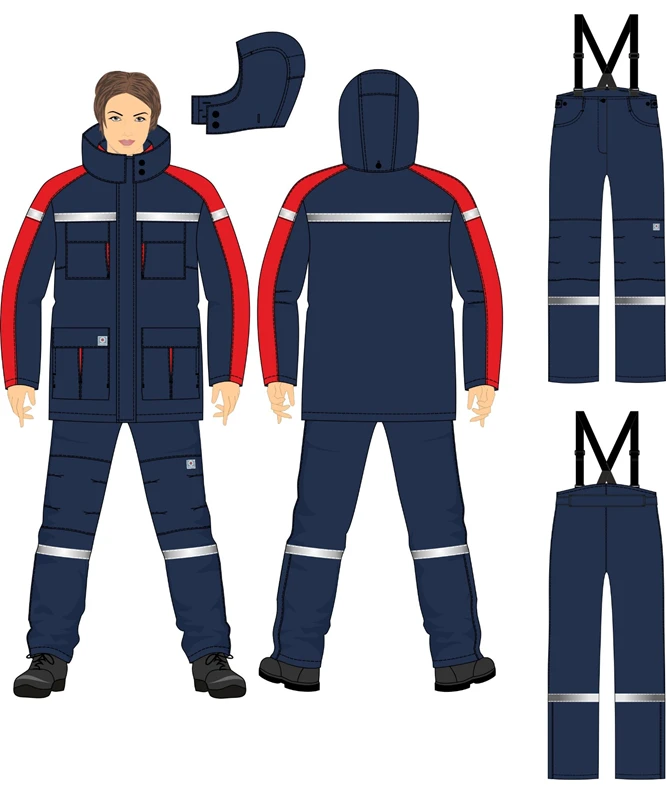 Women's suit against thermal risks of electric arc, low temperatures, general industrial pollution and mechanical damage.