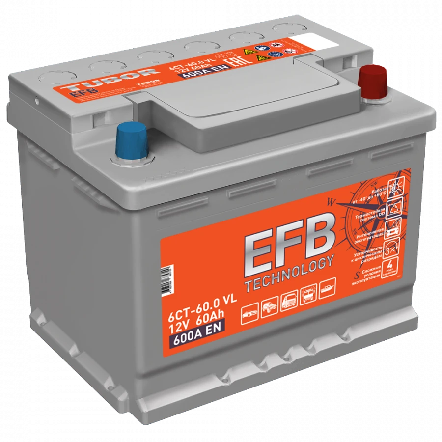 Accumulator battery starter lead-acid TUBOR EFB 6ST-60.1(0) VL