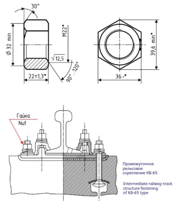 Nut for terminal and embedded bolts of railway track fastenings GOST 16018-2014, size M22, version 1