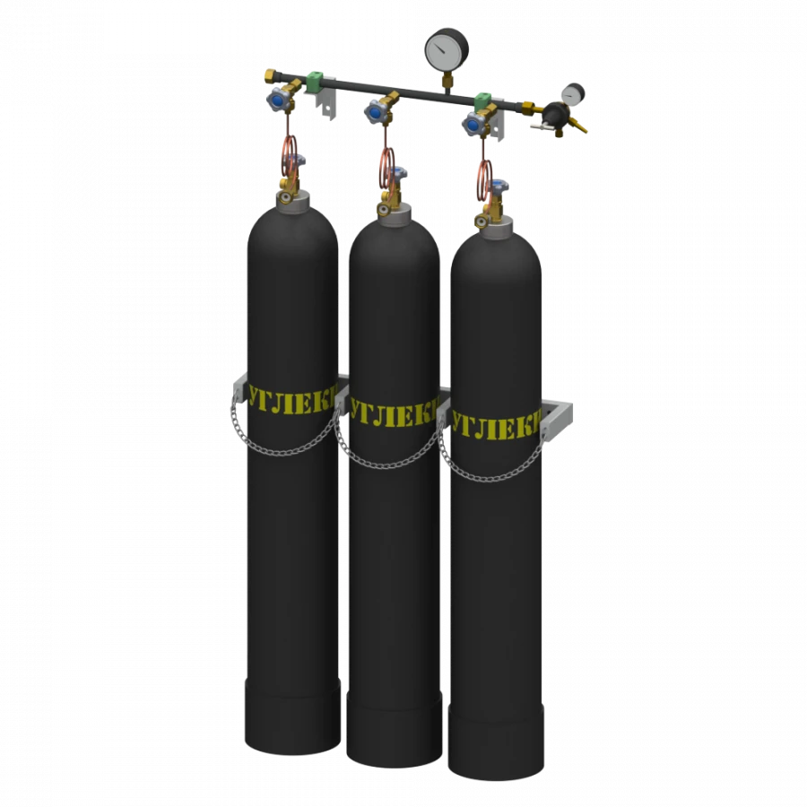 Carbon dioxide discharge ramp for three cylinders with spoon RRU-3-L