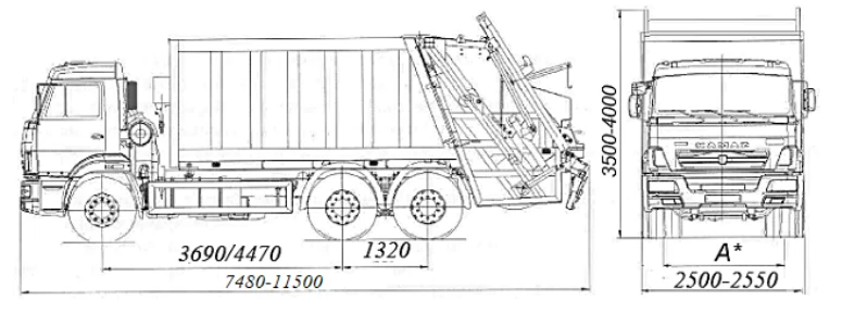 Garbage truck BM-7028-73 on KAMAZ 65115 chassis in 65115-A5, 65115-50, 65115-RR, 65115-RS modifications.