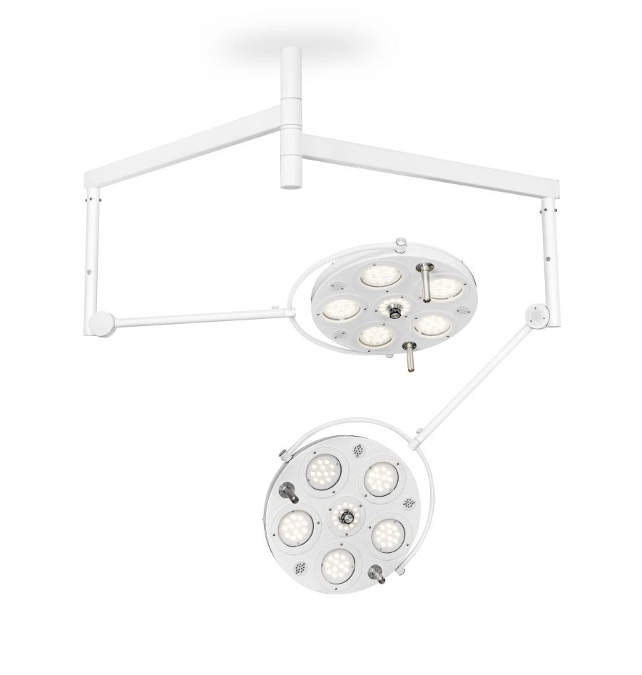 Surgical medical LED two-dome luminaire with ceiling mount (ceiling mounted two-dome, 5-module, 5-module, 6-module)