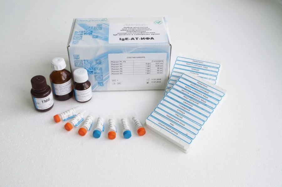 Reagent kit for qualitative immunoenzymatic determination of allergen-specific IgE-antibodies in blood serum (IgE-AT-ELISA)