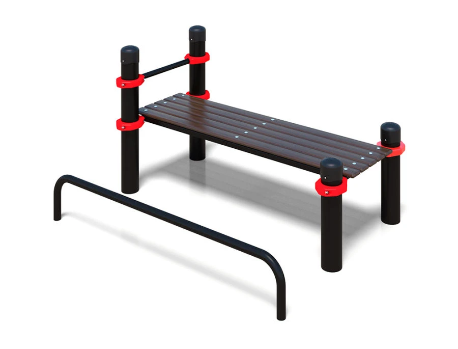 Bench with leg rest and bar