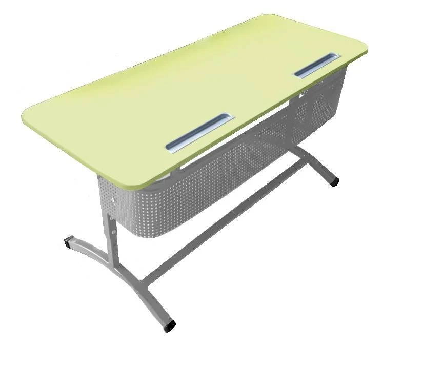 Double student table on metal frame type II adjustable with adjustable table top angle