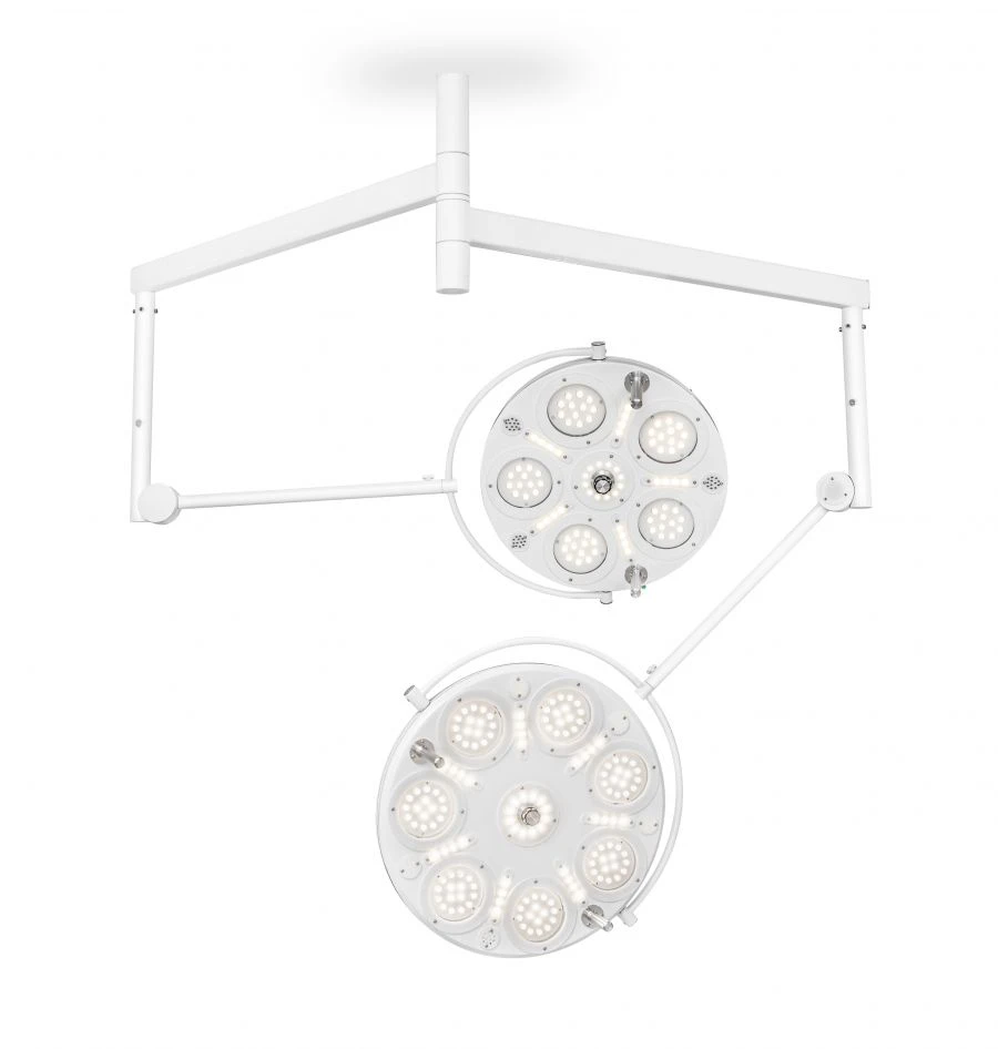 Medical LED surgical luminaire with ceiling mount (ceiling mounted dual dome with 6 module) 125744:Medical LED surgical luminair