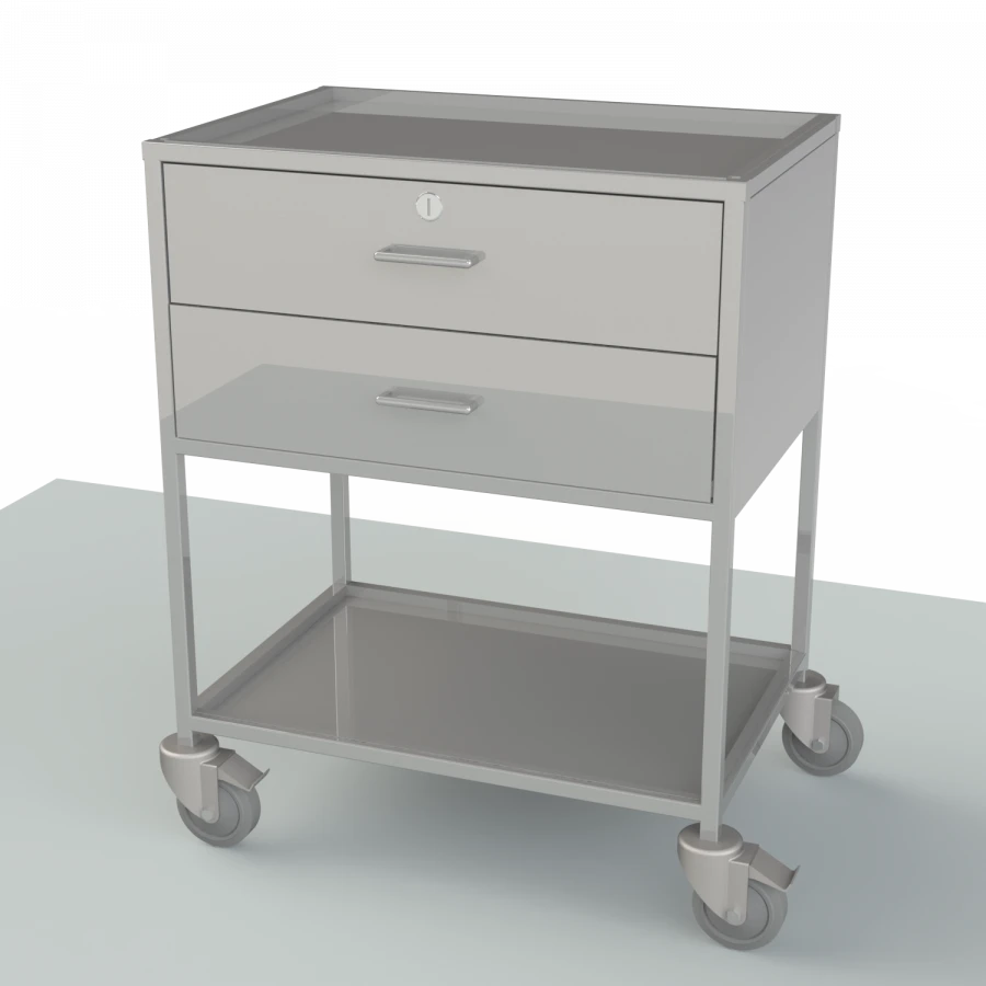 Tables with a table top and drawers from stainless steel and with a handle for movement on a sidewall, for transportation of dre