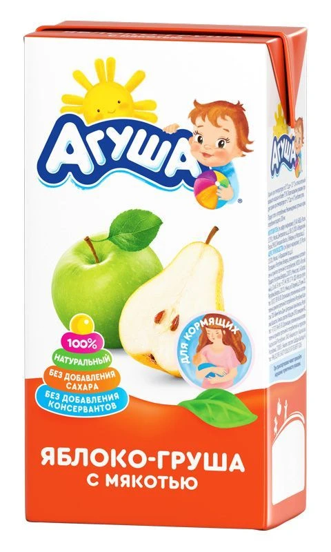 Juice apple-pear with pulp enriched with vitamins and minerals restored "Agusha" 0,5 litre for nutrition of nursing women.