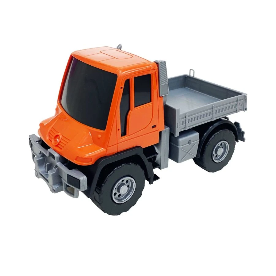 Mercedes flatbed dump truck "Unimog U 500" LUX BLACK (17,5 cm. Orange)