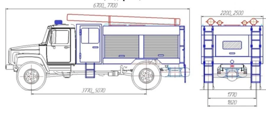 Fire tanker or fire-rescue vehicle type 2790S, modifications 2790S-01, 2790S-02, on the chassis of GAZ 3308, m