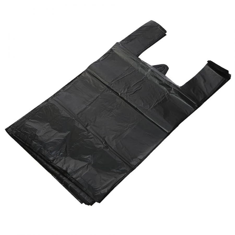 T-shirt bag black, 8 g, 15 microns, 32+(2*9)*60 cm, without pattern