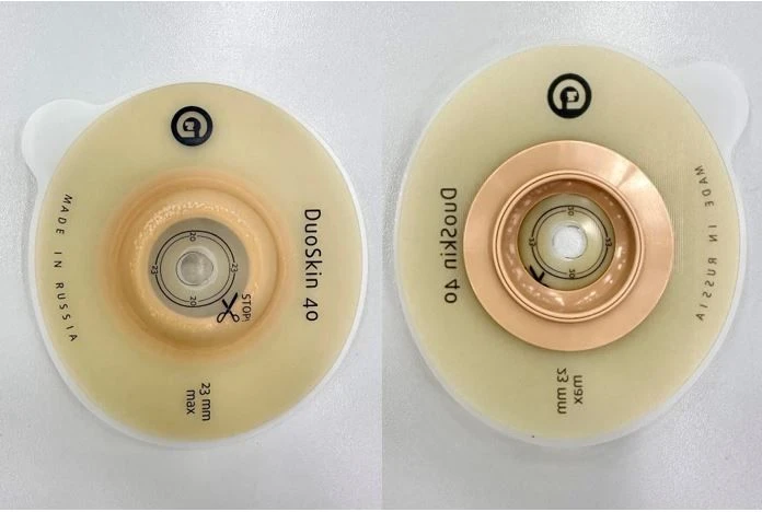 Rehabilitation device for stomical use in colostomies, ileostomies and urostomies: flat plate, convex plate.