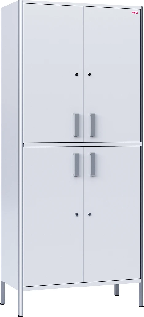 Medical cabinet, two-section, double-leaf, made of aluminium profile and laminated wood chipboard, with shelves and doors in sec