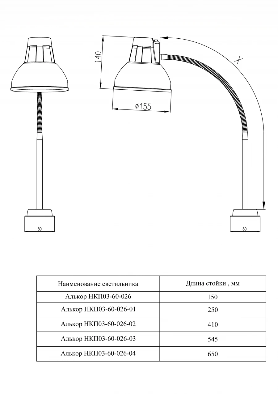 Low-voltage 24/36 V machine lamp NKP03-60-026 "Alkor" 150 mm long stand, with incandescent lamp