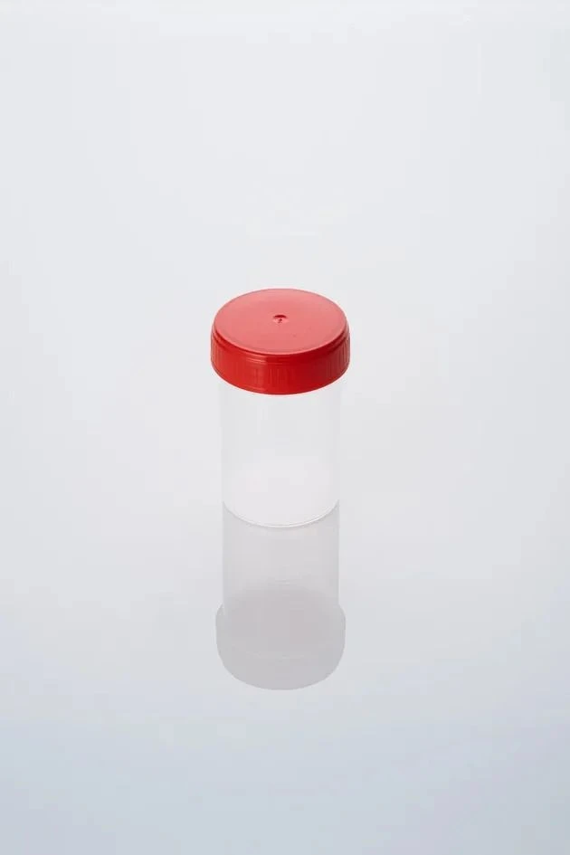 Disposable medical polymeric non-sterile 60 ml container with screw cap