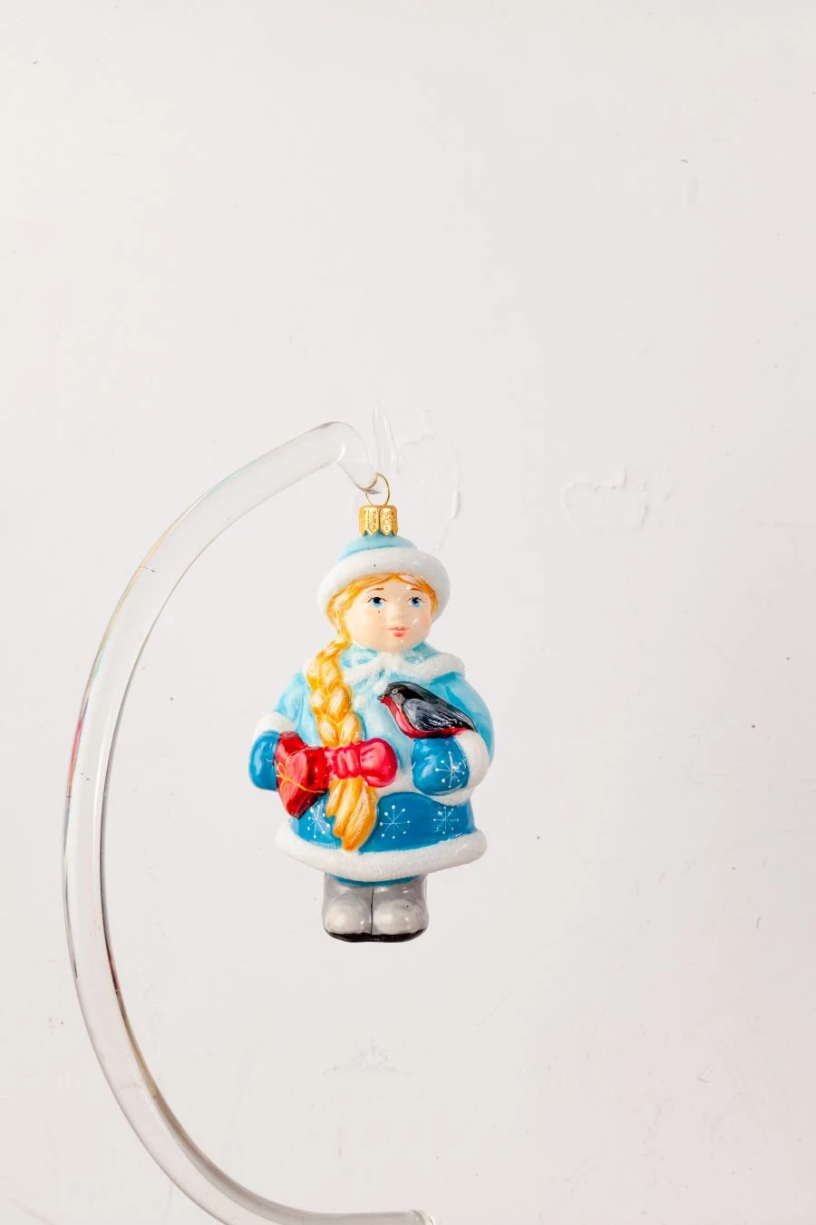 Christmas tree toy made of glass "Snow Maiden with a scythe and a bullfinch"