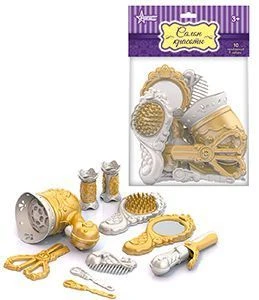 Hairdressing set with hair dryer (gold) (10 items in a big bag with a header)