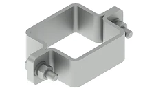 Clamp of support bracket fixing on square section pipes BSOS 00x00, with overall dimensions from 34,5x117 mm to 44,5x137 mm.