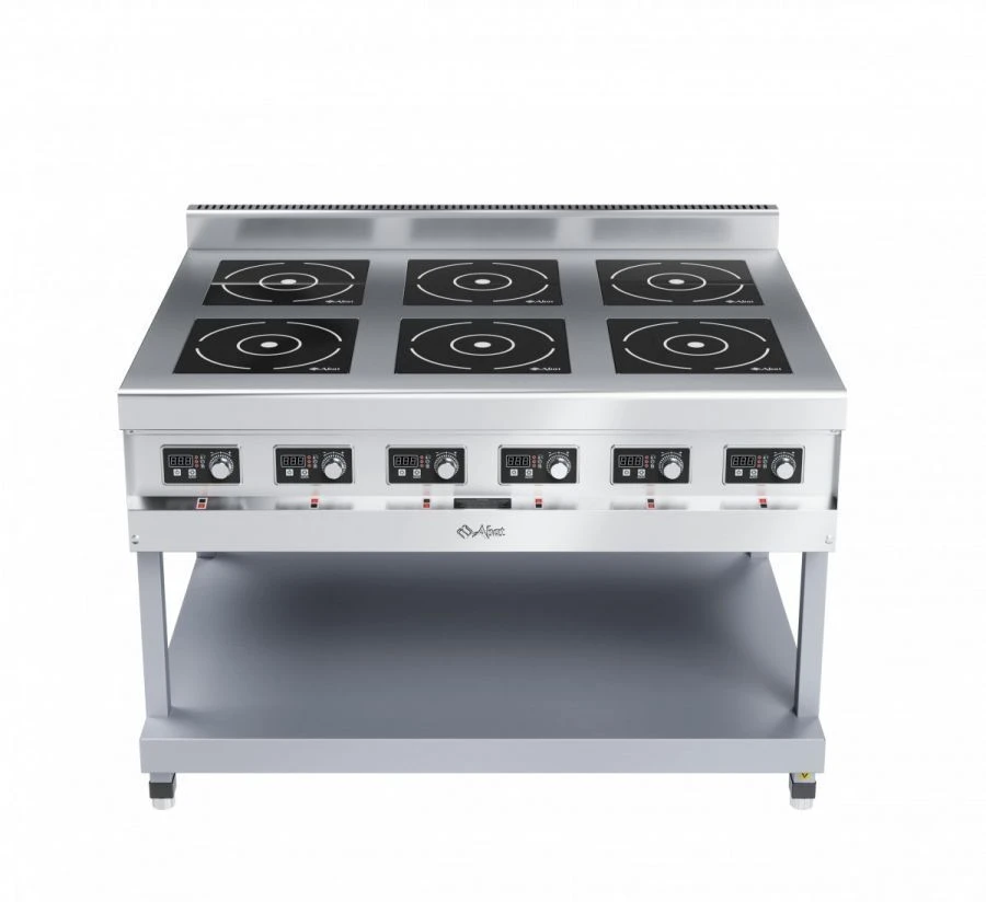 Six-burner induction cooker, type KIP-69P-3,5 for catering enterprises (on a stand) made of stainless steel